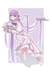 Rule 34 | 1girl, :/, absurdres, barefoot, blue ribbon, book, book stack, capelet, closed mouth, commentary request, crescent, crescent hair ornament, dress, full body, hair ornament, hair ribbon, highres, leaning on object, long hair, long sleeves, looking at viewer, murasaki satori, no headwear, patchouli knowledge, purple eyes, purple hair, red ribbon, ribbon, solo, striped clothes, striped dress, touhou, vertical-striped clothes, vertical-striped dress, very long hair, white capelet, white dress