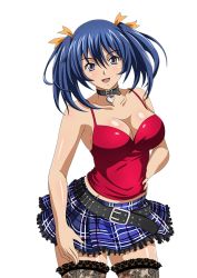 Rule 34 | 00s, 1girl, bare shoulders, bashoku youjou, belt, blue hair, breasts, casual, cleavage, collar, collarbone, female focus, hair ornament, hair ribbon, hand on own hip, heart, ikkitousen, large breasts, legs, long hair, looking at viewer, miniskirt, open mouth, orange ribbon, purple eyes, red eyes, ribbon, short twintails, sideboob, simple background, skirt, smile, solo, standing, thighhighs, twintails, white background, zettai ryouiki