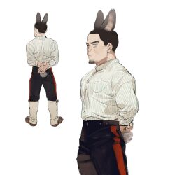 Rule 34 | 1boy, animal ears, arms behind back, black pants, breast pocket, brown footwear, brown hair, chengongzi123, closed mouth, collared shirt, cowboy shot, facial hair, facing away, full body, goatee stubble, golden kamuy, green eyes, highres, kemonomimi mode, long sleeves, looking to the side, male focus, multiple views, pants, pocket, rabbit boy, rabbit ears, rabbit tail, shirt, short hair, simple background, standing, striped clothes, striped shirt, stubble, tail, tsukishima hajime, very short hair, white background