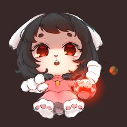 Rule 34 | 1girl, animal ears, animal feet, animal hands, black hair, brown background, brown eyes, buck teeth, carrot necklace, chestnut mouth, chibi, commentary, dress, ebastine, floppy ears, full body, inaba tewi, jewelry, looking at viewer, necklace, open mouth, pink dress, pointing, pointing at viewer, poison, rabbit ears, rabbit girl, short hair, simple background, skull and crossbones, solo, symbol-only commentary, teeth, touhou