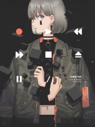 Rule 34 | 1girl, abstract, artist name, barcode, black background, black shirt, blunt bangs, bob cut, commentary, dated, english text, facial mark, grey eyes, grey hair, grey jacket, highres, jacket, jacket on shoulders, long sleeves, looking at viewer, looking to the side, midriff, navel, norizc, parted lips, play button, shirt, simple background, solo, standing