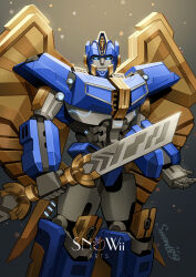 1boy blue_eyes blue_helmet helmet highres humanoid_robot mecha mechanical_wings metal_skin no_humans robot science_fiction sentinel_prime snowii_arts sword transformers transformers_one weapon wings