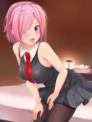 Rule 34 | 1girl, aibumi, bedroom, between breasts, between legs, black dress, black pantyhose, blush, breasts, d:, d:&lt;, dress, fate/grand order, fate (series), hair over one eye, hand between legs, hand on own thigh, hand on thigh, indoors, lamp, large breasts, leaning forward, looking at viewer, mash kyrielight, necktie, necktie between breasts, no eyewear, open mouth, pantyhose, pink hair, purple eyes, red necktie, short dress, short hair, sleeveless, sleeveless dress, solo, teeth, tissue box, v-shaped eyebrows