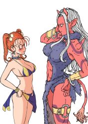 Rule 34 | 2girls, blush, breasts, brown eyes, brown hair, cleavage, closed mouth, colored skin, dragon quest, dragon quest viii, dragon quest x, earrings, highres, horns, jessica albert, jewelry, kajino (aosansai), large breasts, long hair, magic bikini (dq), multiple girls, navel, ogre (dq10), pointy ears, red skin, simple background, spikes, square enix, twintails, white background, white hair