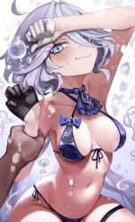 Rule 34 | 1boy, 1girl, absurdres, ahoge, arm up, ascot, asymmetrical gloves, bare shoulders, bikini, black choker, black gloves, blue ascot, blue bikini, blue eyes, breasts, brooch, choker, commentary, dokuro deluxe, furina (genshin impact), genshin impact, gloves, grey hair, highres, jewelry, large breasts, looking at viewer, mismatched gloves, navel, side-tie bikini bottom, smile, solo focus, stomach, swimsuit, tears, thigh strap, white gloves