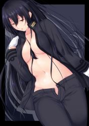 Rule 34 | 1girl, bad id, bad twitter id, black hair, breasts, brown eyes, cleavage, dark background, female admiral (kancolle), gloves, hair between breasts, hair between eyes, hand on own shoulder, highres, jacket, kantai collection, large breasts, long hair, long sleeves, military, military uniform, navel, niwatazumi, no bra, no panties, no shirt, open clothes, open fly, open jacket, open mouth, pants, sidelocks, solo, tatebayashi sakurako, uniform, white gloves