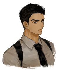 Rule 34 | 1boy, black eyes, black hair, black necktie, closed mouth, collared shirt, cropped torso, ear piercing, expressionless, eyelashes, grey shirt, guido mista, highres, jojo no kimyou na bouken, lips, looking at viewer, male focus, necktie, on0n, piercing, portrait, shirt, short hair, simple background, solo, suspenders, vento aureo, white background