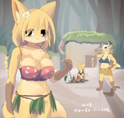 Rule 34 | 5girls, animal, animal ears, bikini, bikini top only, black bikini, blonde hair, blush, breasts, brown eyes, campfire, cleavage, closed mouth, commentary request, eyes visible through hair, fish, fish (food), flower, forest, fox ears, fox girl, fox tail, full body, furry, furry female, grass skirt, hair between eyes, hair flower, hair ornament, holding, holding animal, holding fish, hut, large breasts, lets0020, looking at viewer, medium bangs, multiple girls, nature, one-hour drawing challenge, original, short hair, skirt, smile, standing, swimsuit, tail, translation request, upper body, white flower, yellow skirt
