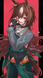 Rule 34 | 1girl, animal ears, belt, brown hair, choker, collarbone, collared shirt, dagasitotaiyou, dated, ear covers, fangs, finger in own mouth, fingerless gloves, gloves, green pants, hair between eyes, happy birthday, highres, horse ears, horse girl, horse tail, long hair, long sleeves, multicolored hair, pants, red eyes, shirt, single ear cover, sirius symboli (umamusume), solo, tail, two-tone hair, umamusume, white hair