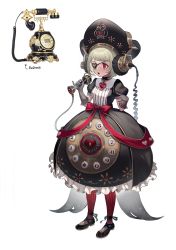 Rule 34 | 1girl, absurdres, black dress, black footwear, black headwear, blonde hair, choker, dress, eyepatch, headset, heart, heart necklace, highres, humanization, jewelry, necklace, original, pantyhose, personification, phone, photo inset, puffy short sleeves, puffy sleeves, red eyes, red pantyhose, reference inset, short hair, short sleeves, solo, striped clothes, striped pantyhose, tagme, theskittycat, vertical-striped clothes, vertical-striped pantyhose, white background