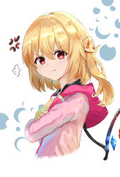 Rule 34 | 1girl, :t, puff of air, absurdres, alternate costume, anger vein, annoyed, blonde hair, commentary request, crossed arms, crown hair ornament, flandre scarlet, from side, furrowed brow, highres, hood, hood down, hoodie, kaeremu, long sleeves, looking at viewer, moon phases, no headwear, no headwear, one side up, pink hoodie, pout, red eyes, short hair, solo, touhou, upper body, white background, wings