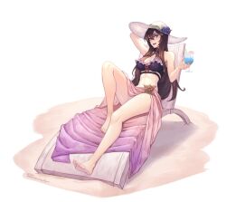 Rule 34 | 1girl, :d, arm up, bare legs, barefoot, beach chair, bikini, breasts, brown hair, commentary, cupping glass, granblue fantasy, hand up, hat, highres, large breasts, long hair, looking at viewer, navel, open mouth, phrecklesart, purple eyes, rosetta (granblue fantasy), sarong, simple background, smile, solo, stomach, sun hat, swimsuit, thighs, very long hair, white background, white hat