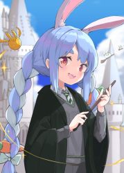 Rule 34 | 1girl, :d, animal ear fluff, animal ears, black cloak, blue hair, blush, braid, carrot hair ornament, castle, cloak, commentary request, dress shirt, food-themed hair ornament, from side, golden snitch, grey sweater, hair ornament, harry potter (series), highres, hikimayu, hogwarts school uniform, holding, holding wand, hololive, long hair, looking at viewer, multicolored hair, nano (mianhua maoqiu), necktie, pekomon (usada pekora), open mouth, orange eyes, rabbit-shaped pupils, rabbit ears, red eyes, school uniform, shirt, short eyebrows, slytherin, smile, solo, sweater, swept bangs, symbol-shaped pupils, teeth, thick eyebrows, twin braids, twintails, two-tone hair, upper body, upper teeth only, usada pekora, v-neck, virtual youtuber, wand, white hair, wizarding world