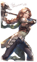 Rule 34 | 1girl, armor, axe, black pants, braid, braided ponytail, breastplate, brown hair, cape, character request, circlet, commission, faulds, floating hair, green cape, grey shirt, hair intakes, highres, holding, holding weapon, long hair, pants, ponytail, shimatani azu, shirt, shoulder armor, skeb commission, sleeveless, sleeveless shirt, solo, standing, weapon, white background