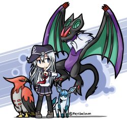 Rule 34 | 10s, 1girl, anchor symbol, bird, black skirt, black thighhighs, blue eyes, claws, creatures (company), crossover, flat cap, flying, game freak, gen 4 pokemon, gen 6 pokemon, glaceon, hair between eyes, hand up, hat, hibiki (kancolle), highres, holding, holding poke ball, kantai collection, long hair, long sleeves, looking to the side, neckerchief, necktie, nintendo, noivern, pleated skirt, poke ball, pokemon, pokemon (creature), pokemon xy, raythalosm, red neckwear, school uniform, serafuku, shoes, skirt, smile, standing, tail, talonflame, thighhighs, twitter username, white background, white hair, wings, zettai ryouiki