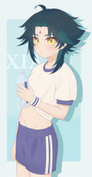 Rule 34 | 1boy, absurdres, bare legs, blue background, bottle, closed mouth, clothes lift, dark green hair, dior&#039;s bread, genshin impact, green background, green hair, gym uniform, highres, holding, male focus, multicolored hair, navel, open clothes, open shirt, pants, purple pants, purple shorts, shirt lift, short hair, short sleeves, shorts, simple background, stomach, water bottle, white background, xiao (genshin impact), yellow eyes