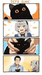Rule 34 | 1boy, 1girl, an-94 (girls&#039; frontline), black cat, black hair, blue eyes, blush, cat, character request, collared shirt, commentary, english commentary, english text, girls&#039; frontline, grey hair, hair ribbon, highres, kion-kun, meme, open mouth, orange eyes, own hands together, petting, real life, ribbon, shirt, simple background, smile, twitter username, whiskers
