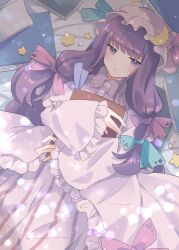 Rule 34 | 1girl, blue bow, blush, book, bow, capelet, crescent, crescent hat ornament, dress, frilled capelet, frills, hair bow, hat, hat bow, hat ornament, highres, holding, holding book, long hair, long sleeves, looking at viewer, loveyuzu, mob cap, patchouli knowledge, purple bow, purple dress, purple eyes, purple hat, star (symbol), striped clothes, striped dress, touhou, vertical-striped clothes, vertical-striped dress, very long hair, white capelet, wide sleeves