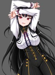 Rule 34 | 1girl, absurdres, black hair, breasts, colorized, cowboy shot, high school dxd, highres, large breasts, long hair, meme attire, nikkusu, official art, open mouth, pointy ears, red eyes, sidelocks, smile, solo, third-party edit, very long hair, virgin killer outfit