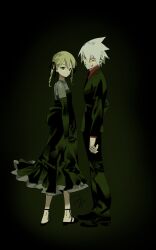 1boy 1girl black_background black_dress black_footwear black_gloves black_suit blonde_hair dress elbow_gloves formal gloves green_eyes highres jp00556 maka_albarn red_eyes sharp_teeth soul_eater soul_evans spiked_hair suit teeth twintails white_hair