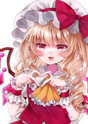 Rule 34 | 1girl, blonde hair, blush, bow, crystal, flandre scarlet, frilled shirt collar, frills, hat, hat bow, heart, heart hands, jaku sono, long hair, looking at viewer, mob cap, open mouth, pointy ears, puffy short sleeves, puffy sleeves, red bow, red eyes, red vest, shirt, short sleeves, smile, solo, touhou, upper body, vest, white background, white hat, wings, wrist cuffs