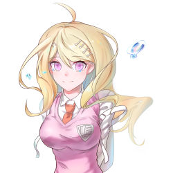 Rule 34 | 1girl, ahoge, akamatsu kaede, backpack, bag, blonde hair, commentary request, danganronpa (series), danganronpa v3: killing harmony, eighth note, fortissimo, hair ornament, hairclip, highres, long hair, looking at viewer, musical note, musical note hair ornament, necktie, pink eyes, pink sweater vest, red necktie, school uniform, shirt, simple background, smile, solo, sweater vest, tearing up, tears, upper body, white background, white bag, white shirt, wuyinmingyue