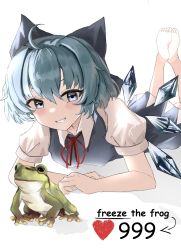 Rule 34 | 1girl, absurdres, ahoge, animal, barefoot, blue bow, blue dress, blue eyes, blue hair, blush, bow, cirno, collared shirt, commentary, detached wings, dress, english commentary, english text, fairy, frog, grin, hair between eyes, hair bow, highres, ice, ice wings, looking at viewer, ougiikun, pinafore dress, shirt, short hair, short sleeves, simple background, sleeveless, sleeveless dress, smile, solo, touhou, white background, white shirt, wings