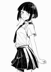 Rule 34 | 1girl, absurdres, audio jack, blush, boku no hero academia, closed mouth, collared shirt, from side, greyscale, highres, jirou kyouka, kobaji, long earlobes, looking at viewer, monochrome, necktie, pleated skirt, school uniform, shirt, short hair, short sleeves, sidelocks, simple background, skirt, smile, solo, split mouth, standing, u.a. school uniform