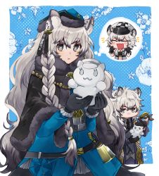 Rule 34 | 1boy, 2girls, :d, animal ear fluff, animal ears, arknights, black cloak, black gloves, blue coat, blue headwear, blush, braid, brother and sister, cabbie hat, chibi, cliffheart (arknights), cloak, closed eyes, coat, fang, frilled gloves, frills, fur-trimmed cloak, fur trim, gloves, grey eyes, grey hair, hair between eyes, hat, highres, kyouna, leopard ears, long hair, long sleeves, multiple girls, notice lines, official alternate costume, open mouth, parted lips, pramanix (arknights), siblings, silverash (arknights), single braid, sisters, smile, thick eyebrows, very long hair, white headwear