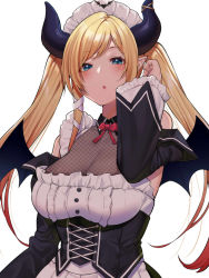 Rule 34 | 1girl, apron, bare shoulders, blonde hair, blue eyes, blush, bow, bowtie, breasts, cleavage, demon girl, demon horns, detached sleeves, hand up, highres, hololive, horns, large breasts, long hair, long sleeves, looking at viewer, maid, maid headdress, mikan (chipstar182), pointy ears, red bow, red bowtie, red hair, see-through, see-through cleavage, simple background, solo, twintails, virtual youtuber, waist apron, white apron, white background, yuzuki choco, yuzuki choco (maid)