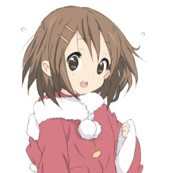 Rule 34 | 1girl, blush, brown eyes, brown hair, core (mayomayo), dot nose, hair ornament, hairclip, hirasawa yui, k-on!, open mouth, santa costume, short hair, simple background, solo, teeth, upper body, white background