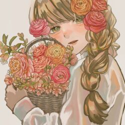 Rule 34 | 1girl, basket, braid, brown eyes, brown hair, from side, gucheng jianglixiang, highres, holding, holding basket, long hair, long sleeves, looking at viewer, open mouth, original, ranunculus, smile, solo, upper body