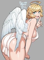 Rule 34 | 1girl, agawa ryou, angel wings, ass, back, bare shoulders, blonde hair, blue eyes, breasts, clenched hand, dress, grey background, halo, halterneck, index finger raised, large breasts, leaning forward, open mouth, original, pelvic curtain, revealing clothes, sideboob, solo, thick thighs, thighs, white dress, wings