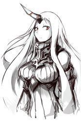 Rule 34 | 10s, 1girl, abyssal ship, bare shoulders, breasts, colored skin, deel (rkeg), detached sleeves, dress, highres, horns, kantai collection, large breasts, long hair, red eyes, ribbed dress, ribbed sweater, seaport princess, single horn, solo, sweater, sweater dress, turtleneck, upper body, very long hair, white background, white hair, white skin