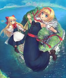 Rule 34 | 1girl, alice margatroid, armpits, blonde hair, blue eyes, boots, breasts, capelet, cleavage, culter, dress, hair ribbon, island, open mouth, ribbon, shanghai doll, small breasts, smile, touhou, water