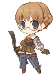 Rule 34 | 7010, blue eyes, bow (weapon), braid, brown hair, chibi, fantasy earth zero, glasses, lowres, scout (fez), short hair, solo, weapon
