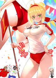 Rule 34 | 2girls, puff of air, ahoge, ass, blonde hair, blue sky, breasts, buruma, character name, character request, closed mouth, cloud, cloudy sky, confetti, doyagao, edward teach (fate), fate/extra, fate/grand order, fate (series), flag, green eyes, gym shirt, gym uniform, hair intakes, hair ribbon, hand on own hip, heart, highres, holding, holding flag, impossible clothes, impossible shirt, large breasts, looking at viewer, mash kyrielight, multiple girls, multiple views, name tag, nero claudius (fate), nero claudius (fate) (all), nero claudius (fate/extra), nero claudius (olympian bloomers) (fate), official alternate costume, panties, panty peek, pantylines, red buruma, red ribbon, ribbon, sanazura hiroyuki, shirt, short hair, short sleeves, sky, smirk, smug, sports festival, standing, string of flags, t-shirt, translated, underwear, v-shaped eyebrows, white shirt