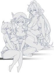 Rule 34 | 10s, 3girls, beret, breasts, cleavage, cucouroux (granblue fantasy), draph, granblue fantasy, hat, horns, koza game, kumuyu, large breasts, lingerie, monochrome, multiple girls, silva (granblue fantasy), sitting, skirt, sports bra, underwear