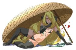 Rule 34 | 1girl, :p, :q, arm support, bikini, black bikini, black thighhighs, blonde hair, blush, come hither, creatures (company), cynthia (pokemon), drop trap, elbow gloves, female focus, full body, game freak, gloves, hair over one eye, heart, jaga note, licking lips, long hair, lying, naughty face, nintendo, on side, outstretched hand, pokemon, saliva, side-tie bikini bottom, solo, sweat, swimsuit, thighhighs, third-party edit, tongue, tongue out, very long hair, white background