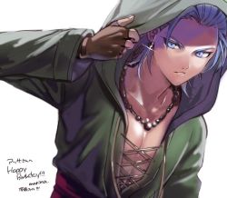 Rule 34 | 1boy, blue eyes, blue hair, camus (dq11), dragon quest, dragon quest xi, earrings, happy birthday, hood, hood up, jewelry, male focus, parted lips, pectorals, shiny skin, simple background, solo, spiked hair, upper body, white background