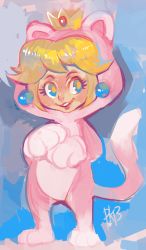 Rule 34 | 1girl, blonde hair, blue background, blue eyes, catsuit, commentary, crown, earrings, eyelashes, full body, glitchedpuppet, highres, jewelry, legs apart, lips, looking to the side, mario (series), nintendo, nose, parted bangs, princess peach, signature, smile, solo, standing