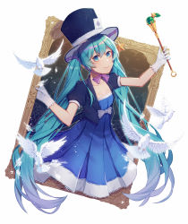 Rule 34 | 1girl, ace (playing card), ace of spades, aqua eyes, aqua hair, bird, blue dress, blue hat, blue jacket, bow, bowtie, card, collarbone, dove, dress, feathers, gloves, hat, hatsune miku, holding, holding wand, jacket, magical mirai (vocaloid), magical mirai miku, magical mirai miku (2013), outside border, painting (object), playing card, solo, spade (shape), star (symbol), striped, top hat, twintails, upper body, vertical stripes, vocaloid, wand, wenz, white background, white gloves