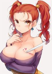 Rule 34 | 1girl, bare shoulders, blush, breast poke, breasts, cleavage, collarbone, corset, dragon quest, dragon quest viii, dress, earrings, frown, hand on own chest, heart, jessica albert, jewelry, large breasts, long hair, looking at viewer, naso4, poking, purple shirt, red eyes, red hair, shirt, simple background, solo, solo focus, strapless, strapless dress, stylus, twintails, upper body