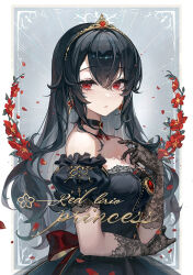 Rule 34 | 1girl, bare shoulders, black choker, black hair, breasts, choker, cleavage, dress, earrings, english text, flower, gloves, highres, jewelry, lace, lace gloves, large breasts, long hair, looking at viewer, off-shoulder dress, off shoulder, original, princess, red eyes, solo, tiara, ttosom, upper body