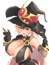 Rule 34 | 1girl, absurdres, bare shoulders, blonde hair, breasts, cape, cleavage, fingerless gloves, gloves, hair between eyes, hat, highres, large breasts, long hair, looking at viewer, nijisanji, nui sociere, nui sociere (1st costume), open mouth, reirall, sleeveless, solo, very long hair, virtual youtuber, white background, witch, witch hat, yellow eyes