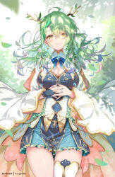 Rule 34 | 1girl, antlers, blue dress, blush, breasts, ceres fauna, cleavage, cleavage cutout, clothing cutout, dress, flower, green hair, hair flower, hair ornament, hololive, hololive english, hong (white spider), horns, large breasts, long hair, looking at viewer, single thighhigh, smile, solo, thighhighs, thighs, virtual youtuber, yellow eyes