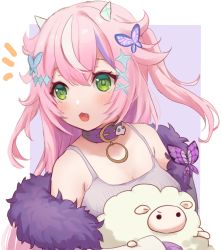 Rule 34 | 1girl, :d, animal, bare shoulders, blush, breasts, bug, butterfly, camisole, cleavage, collar, fang, fur trim, green eyes, grey camisole, hair between eyes, horns, insect, multicolored hair, nijisanji, nijisanji kr, notice lines, nuno (pppompon), off shoulder, open mouth, pink hair, purple background, purple collar, purple hair, sheep, small breasts, smile, solo, streaked hair, two-tone background, virtual youtuber, white background, white hair, yang nari, yang nari (2nd costume)