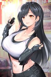 Rule 34 | 1girl, bar (place), bare shoulders, breasts, brown hair, cleavage, drink, final fantasy, final fantasy vii, final fantasy vii remake, fingerless gloves, gloves, large breasts, long hair, looking at viewer, metallican, midriff, open mouth, skirt, smile, solo, suspender skirt, suspenders, tifa lockhart, undershirt, upper body, vambraces