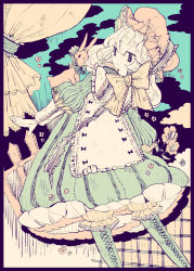 Rule 34 | 1girl, apron, bloomers, bonnet, boots, border, bow, bowtie, rabbit, cross-laced footwear, curtains, dress, frills, graphite (medium), hat, limited palette, lolita fashion, merino (uta hitsuji), mixed media, monochrome, muted color, original, partially colored, striped, sweet lolita, traditional media, underwear, vertical stripes