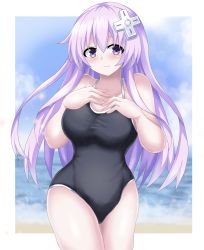 Rule 34 | 1girl, bare shoulders, beach, black one-piece swimsuit, blue sky, blush, breasts, cloud, collarbone, d-pad, d-pad hair ornament, hair between eyes, hair ornament, hands on own chest, highres, long hair, looking at viewer, matrixjudge, medium breasts, mega miracle force, nepgear, nepnep connect: chaos chanpuru, neptune (series), one-piece swimsuit, outdoors, purple eyes, purple hair, sky, smile, standing, swimsuit, thighs, water